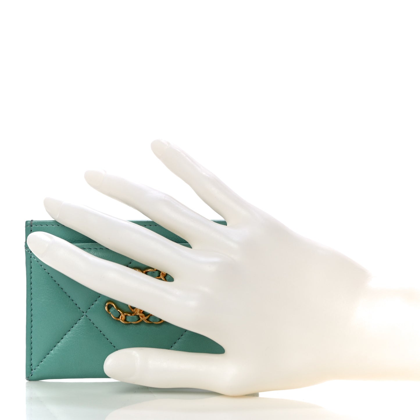 Shiny Goatskin Quilted Chanel 19 Card Holder Turquoise