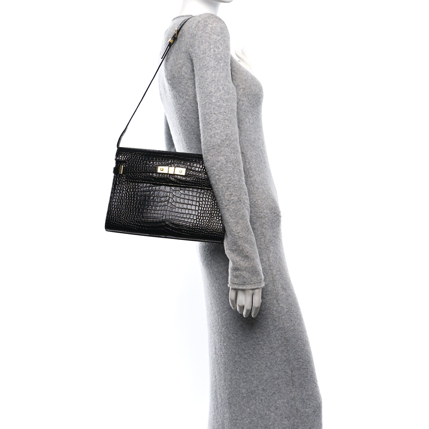 Saint Laurent Shiny Calfskin Crocodile Embossed Manhattan Baguette Black 2 of 10