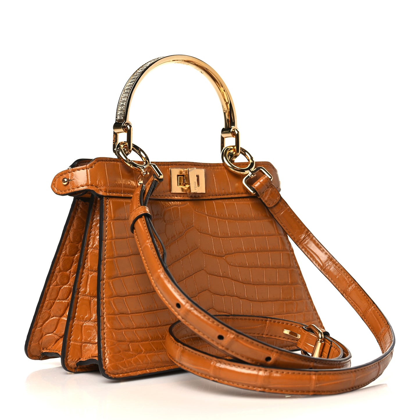 Shiny Crocodile Nappa Crystal Petite Peekaboo I SEE U Satchel Caramello