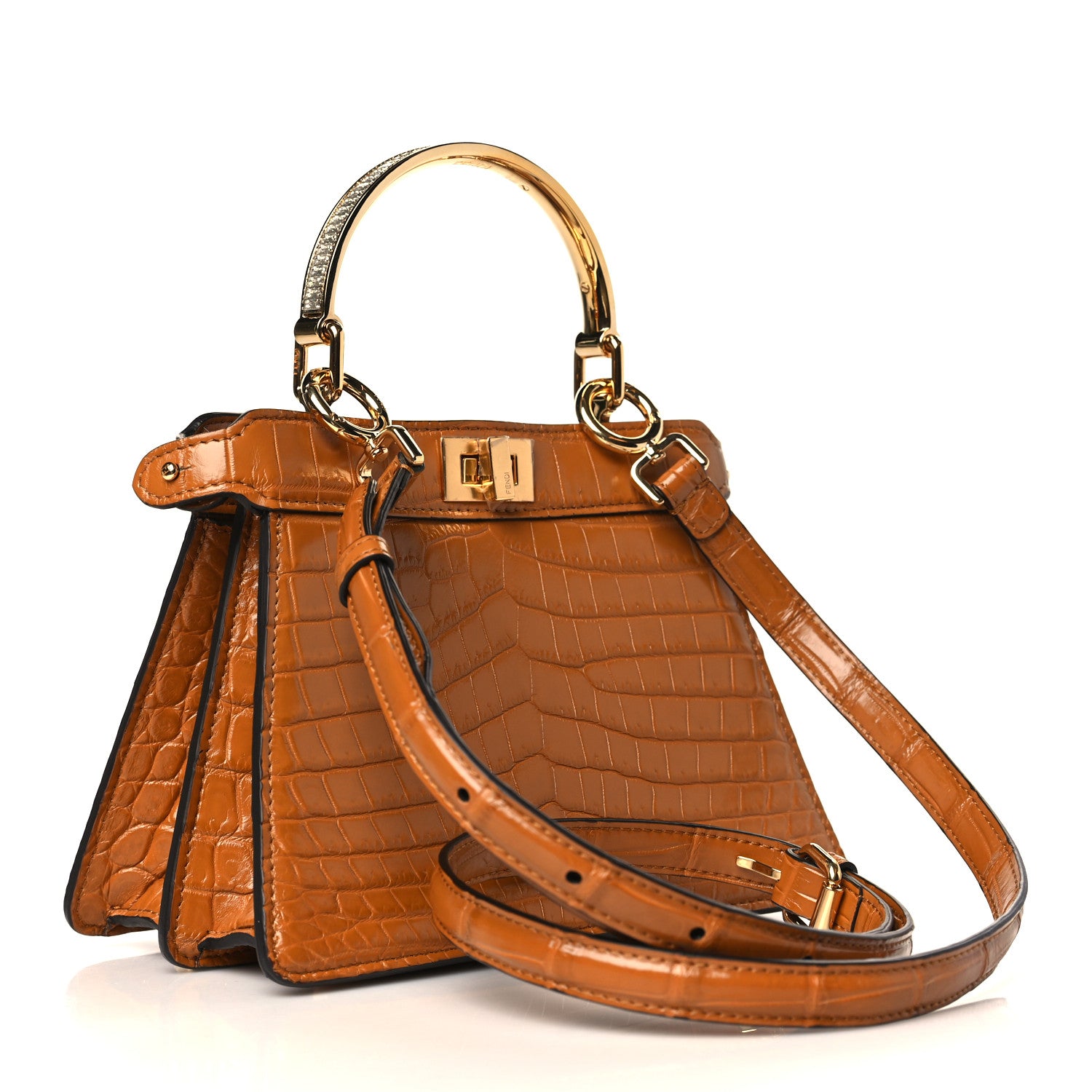 Fendi Shiny Crocodile Nappa Crystal Petite Peekaboo I SEE U Satchel Caramello 3 of 9