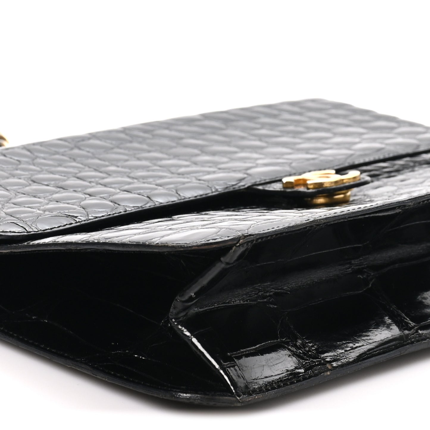 Shiny Crocodile Medium Single Flap Black