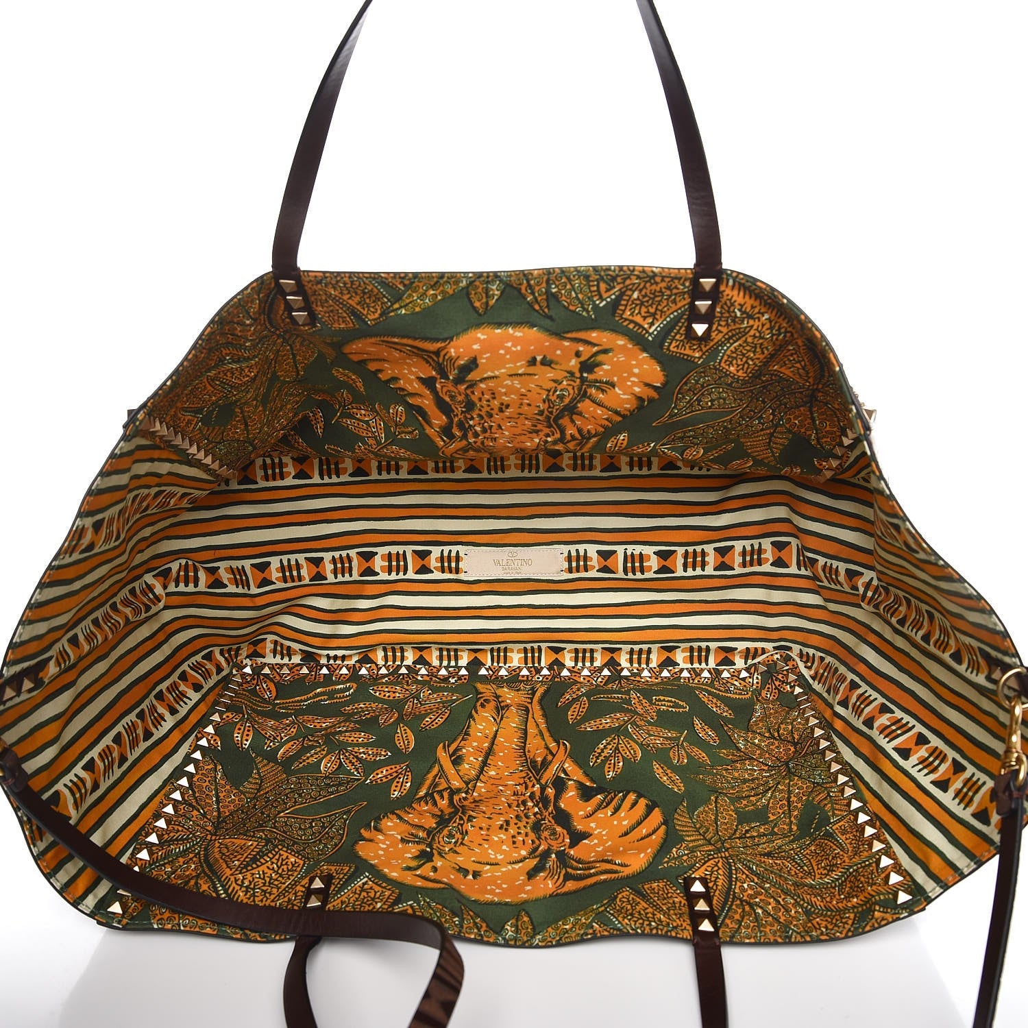 Valentino Garavani Calfskin Canvas Elephant Embossed Medium Rockstud Reversible Tote Brown 8 of 11