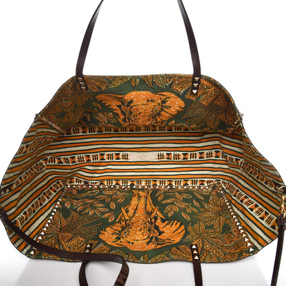 Valentino Garavani Calfskin Canvas Elephant Embossed Medium Rockstud Reversible Tote Brown 8 of 11