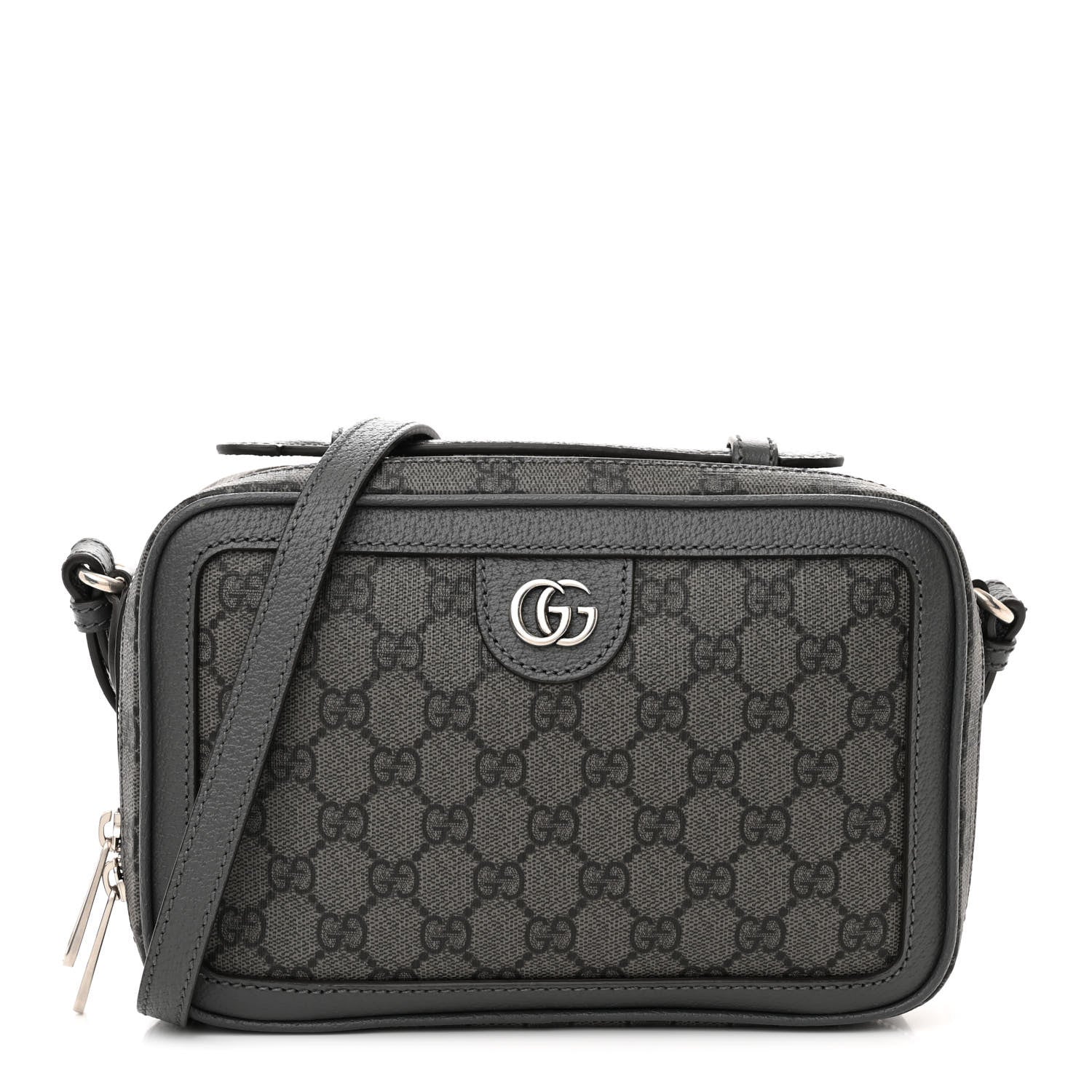 Gucci GG Supreme Monogram Textured Dollar Calfskin Small Ophidia Top Handle Shoulder Grey Black Graphite Grey 1 of 9