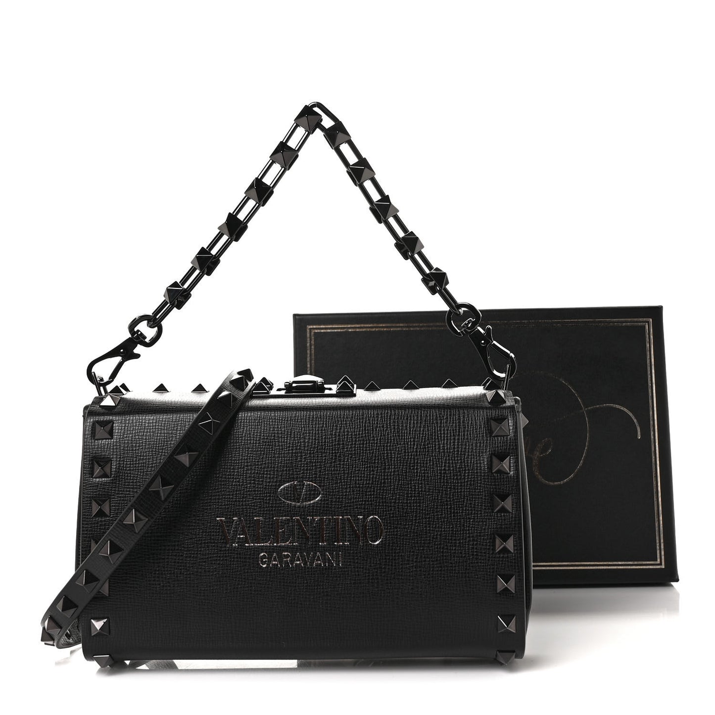 Grainy Calfskin Rockstud Clutch Black
