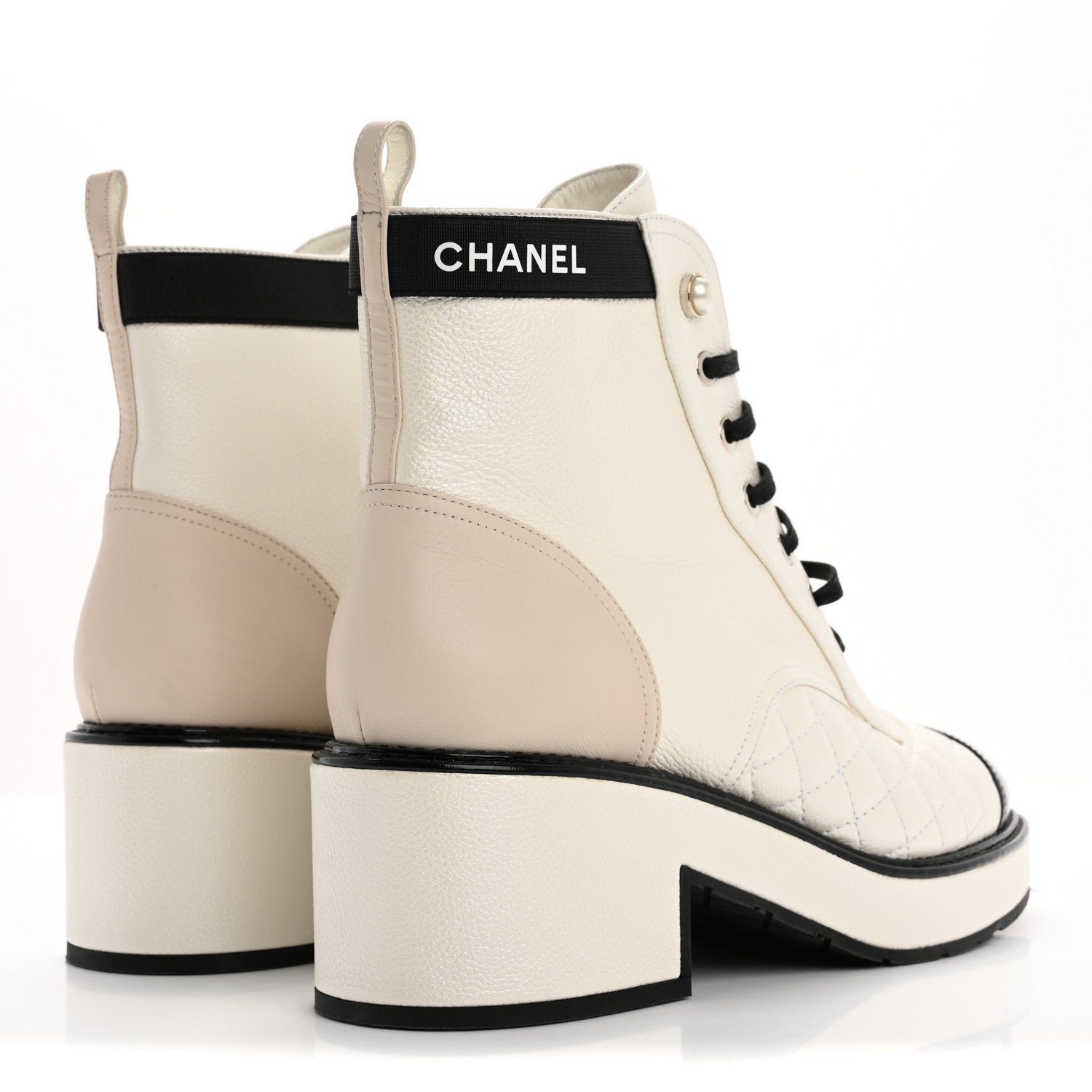 Chanel Pearly Calfskin Patent Calfskin Quilted Lace Up Boots 41 White Light Gray Black 5 of 14
