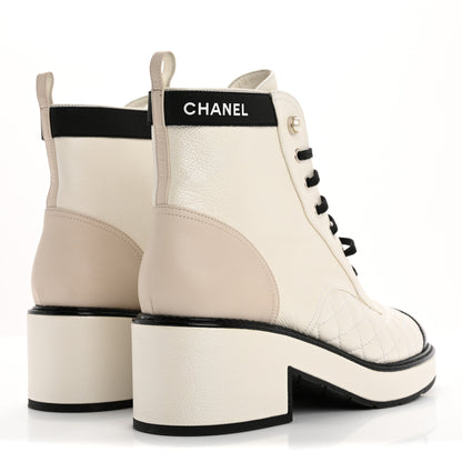 Chanel Pearly Calfskin Patent Calfskin Quilted Lace Up Boots 41 White Light Gray Black 5 of 14