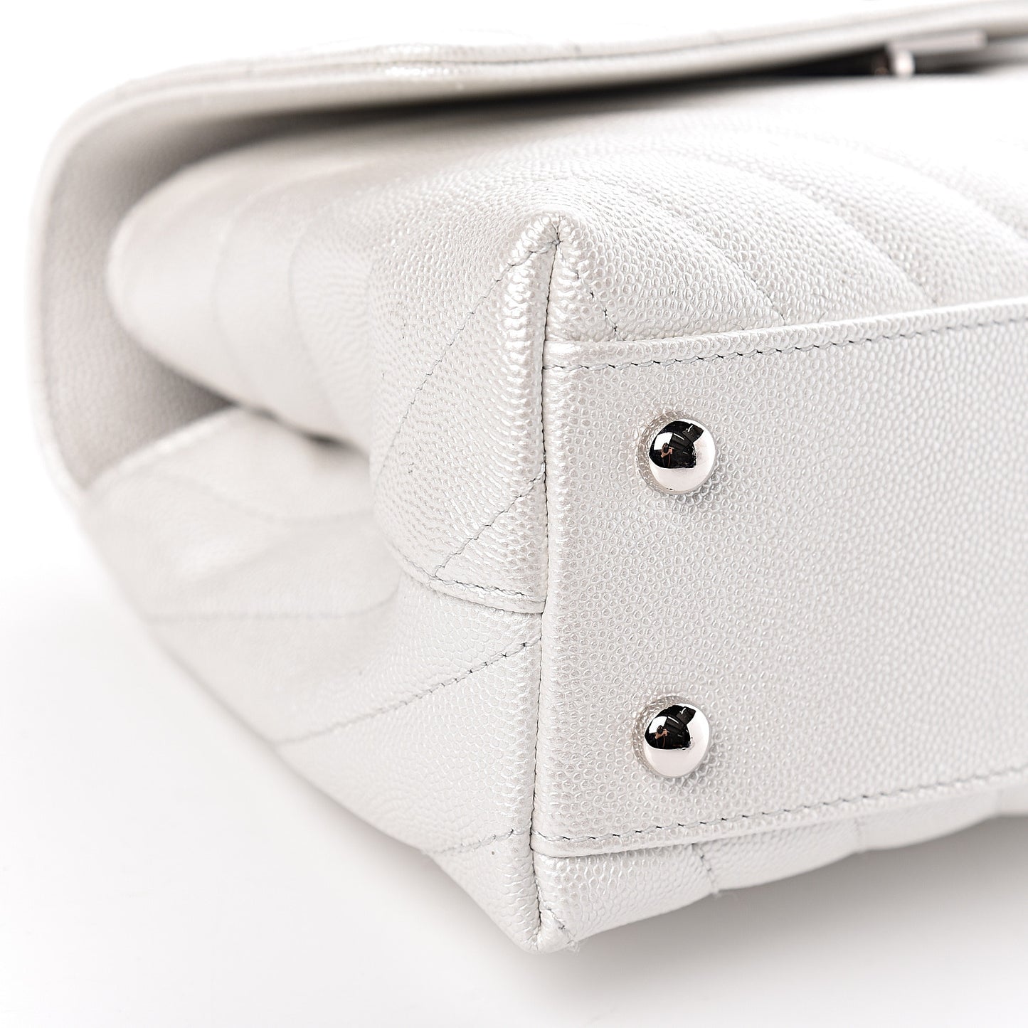 Iridescent Caviar Chevron Quilted Mini Coco Handle Flap White