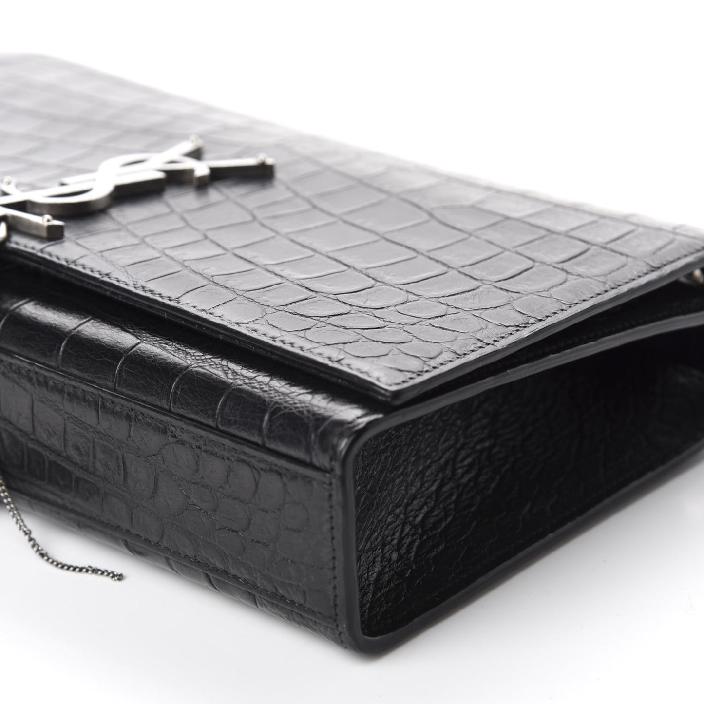 Calfskin Crocodile Embossed Medium Classic Monogram Kate Tassel Satchel Black