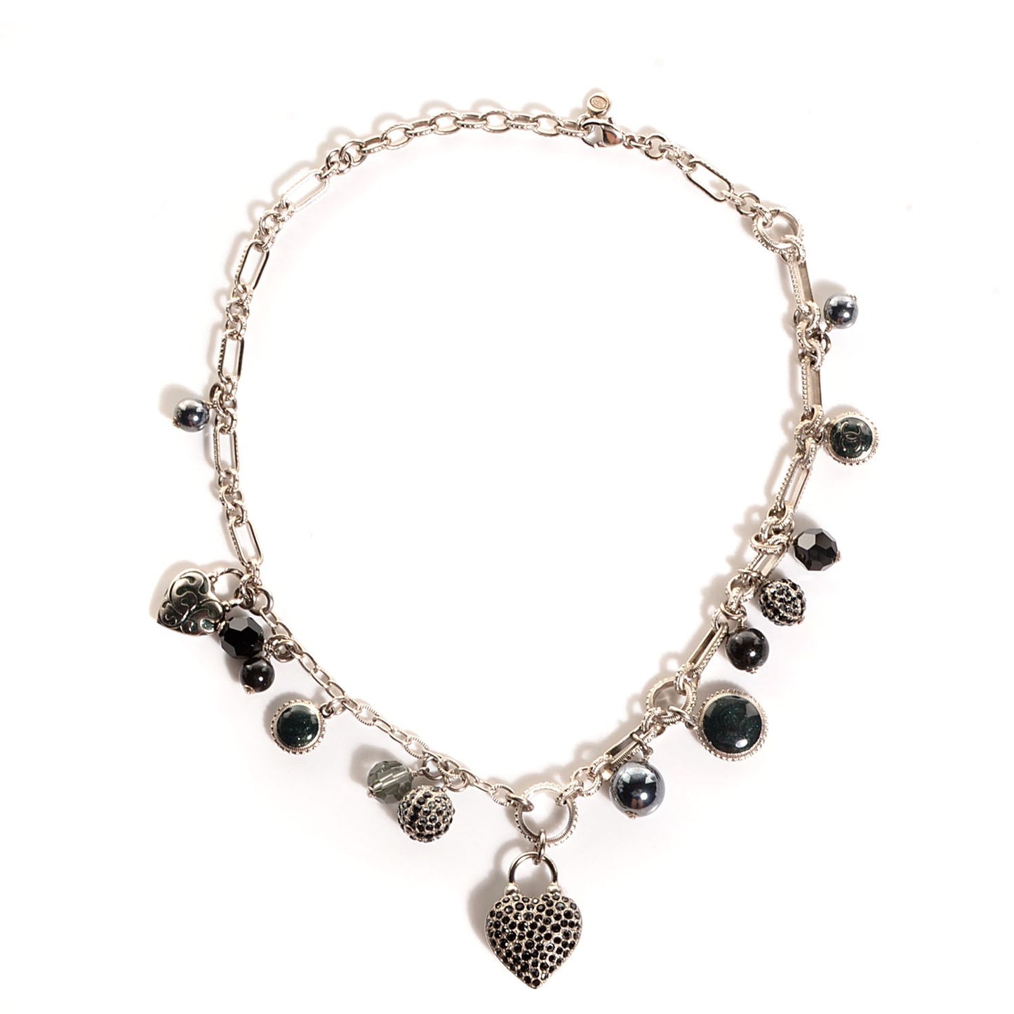 Crystal Heart Charm CC Necklace Silver Black