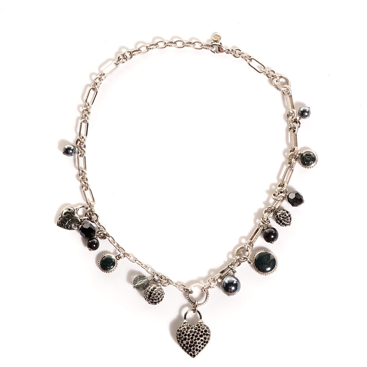 Chanel Crystal Heart Charm CC Necklace Silver Black 1 of 6