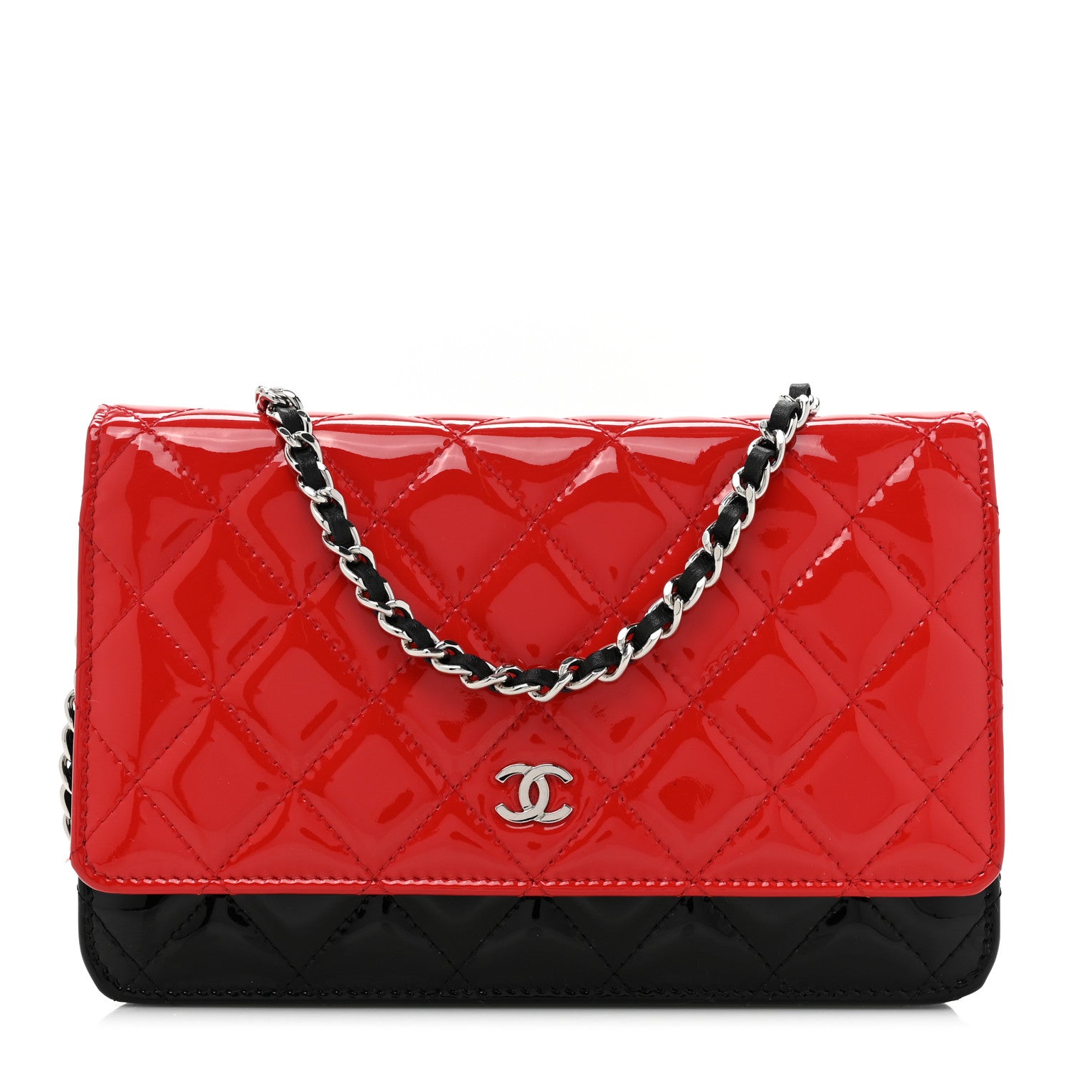Chanel Patent Quilted Bi-Color Wallet On Chain WOC Red Black 1 of 15