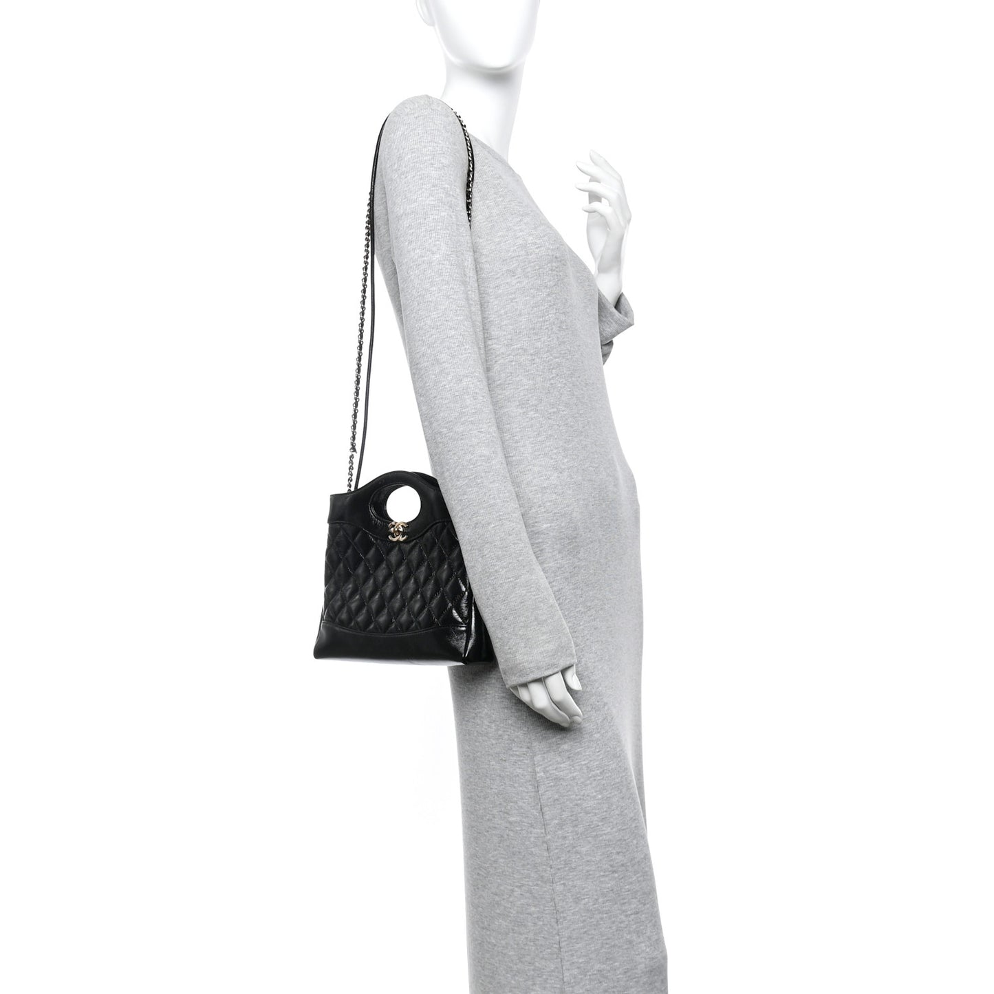 Shiny Crumpled Calfskin Quilted Mini 31 Shopping Bag Black