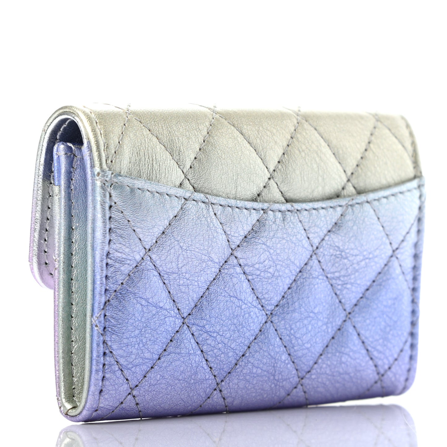 Gradient Metallic Calfskin Quilted Flap Card Holder Wallet Silver Blue Yellow Purple