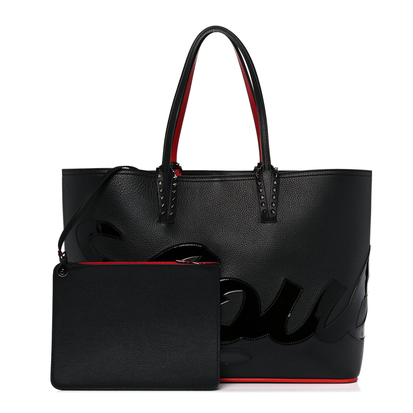 Calfskin Patent Logo Spikes East West Cabata Tote Black