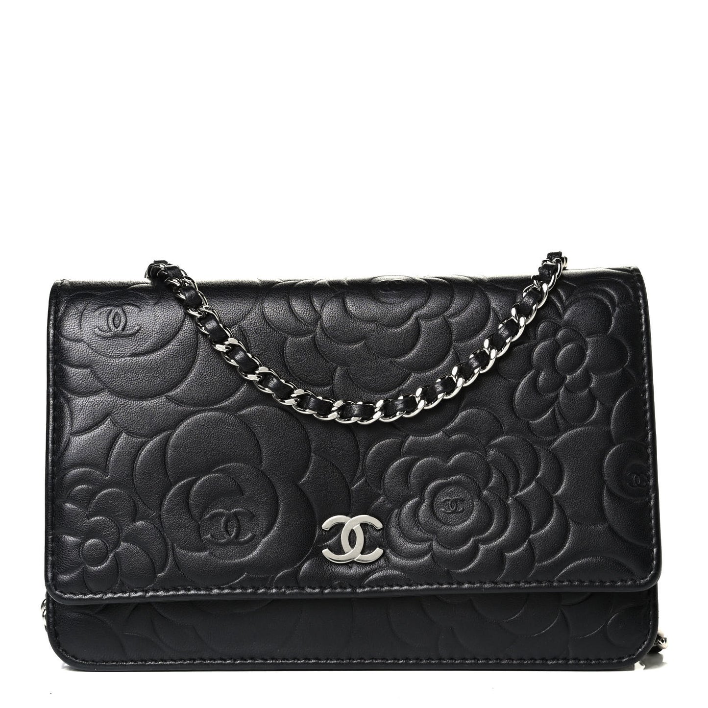 Lambskin Camellia Embossed Wallet on Chain WOC Black