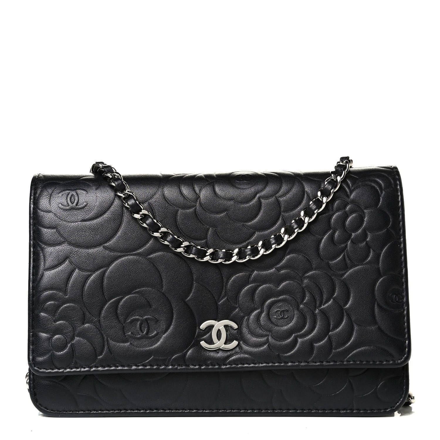 Chanel Lambskin Camellia Embossed Wallet on Chain WOC Black 1 of 7