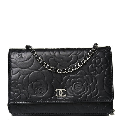 Chanel Lambskin Camellia Embossed Wallet on Chain WOC Black 1 of 7