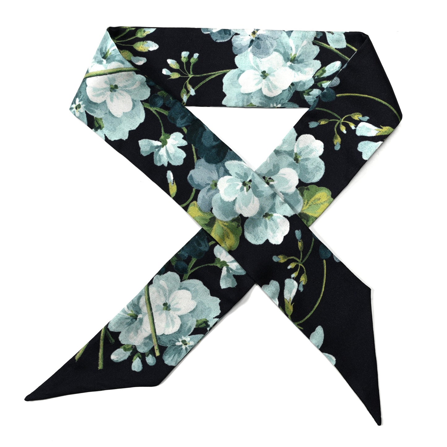 Silk Bloomy Print Neck Bow Scarf Midnight Blue