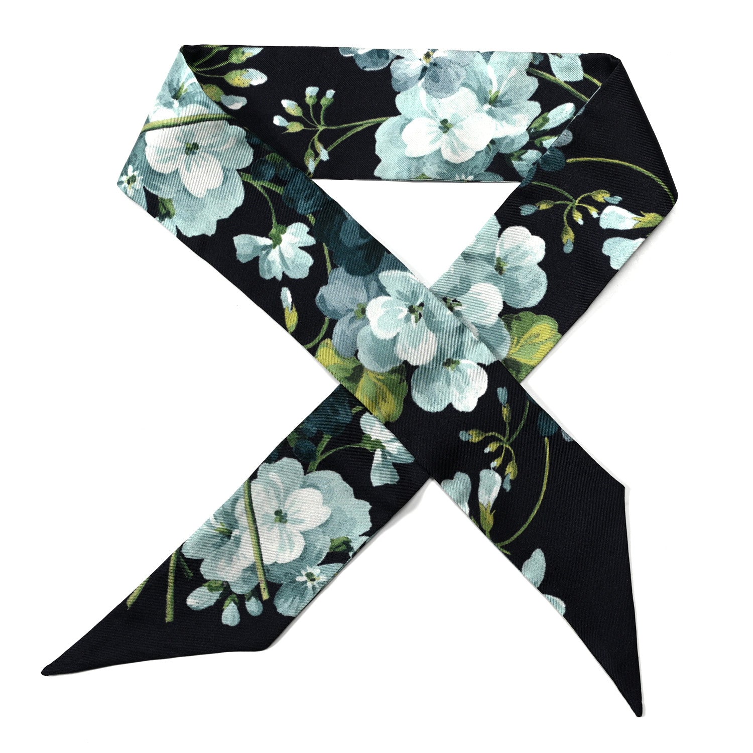 Gucci Silk Bloomy Print Neck Bow Scarf Midnight Blue 1 of 3