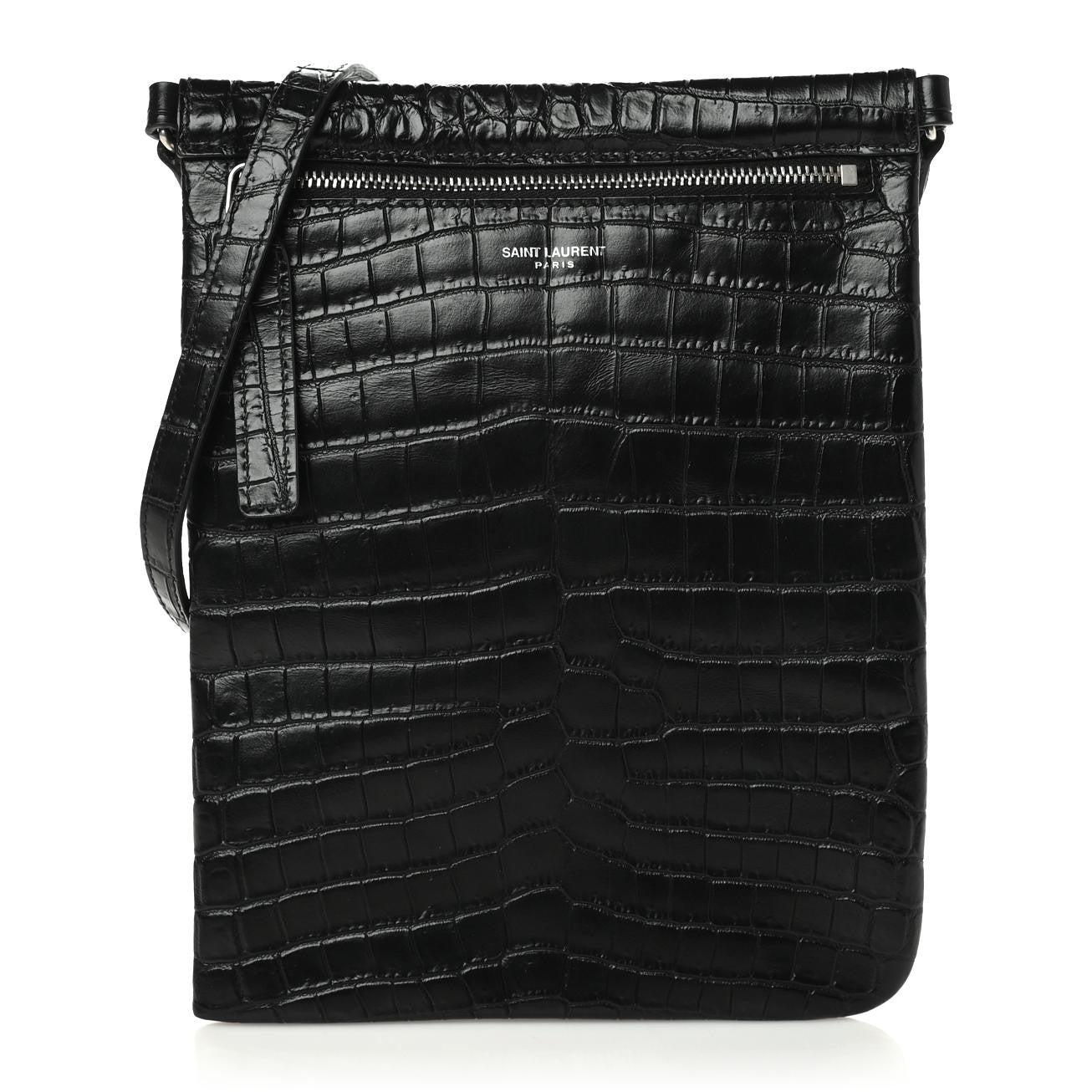 Calfskin Crocodile Embossed Sid Flat Crossbody Black