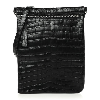 Saint Laurent Calfskin Crocodile Embossed Sid Flat Crossbody Black 1 of 8