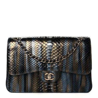 Chanel Metallic Snakeskin Jumbo Double Flap Black Gold Grey 1 of 9