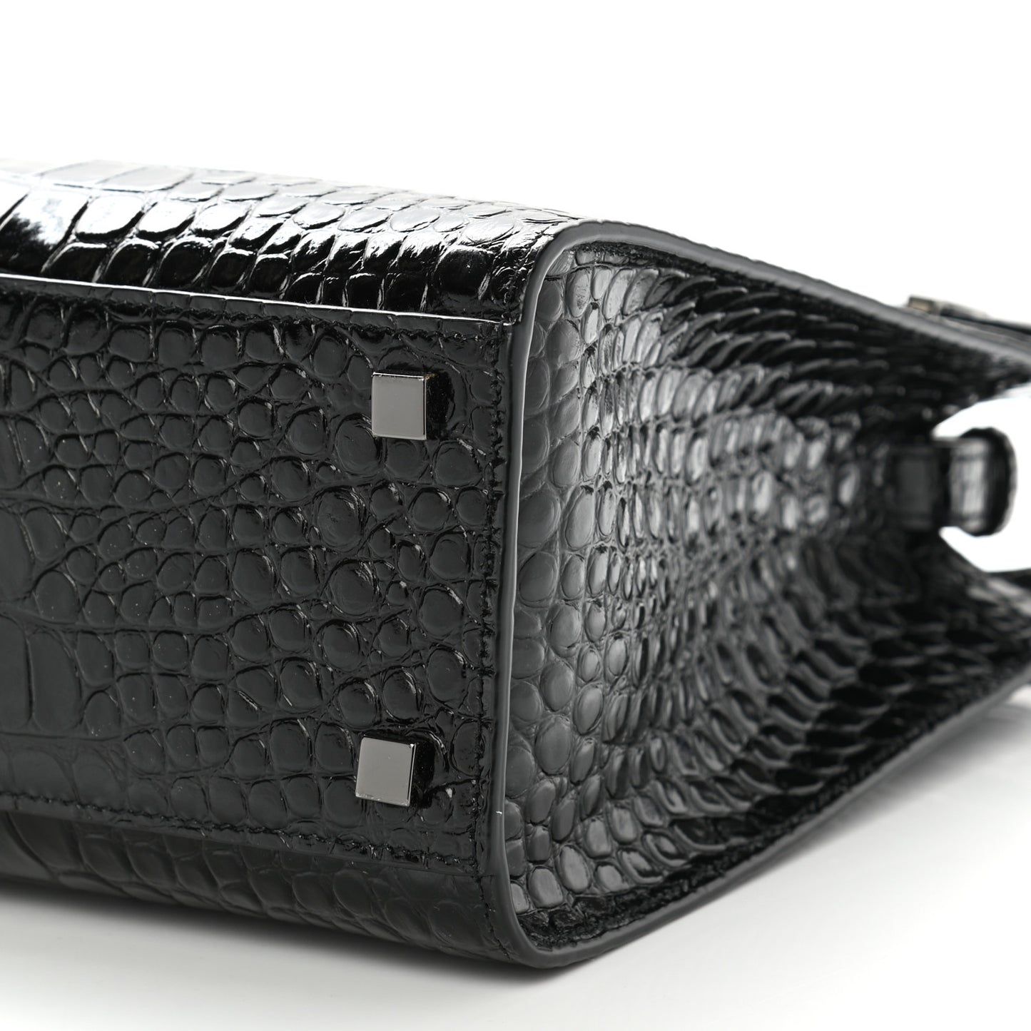 Shiny Calfskin Crocodile Embossed Small Manhattan Shopper Tote Black