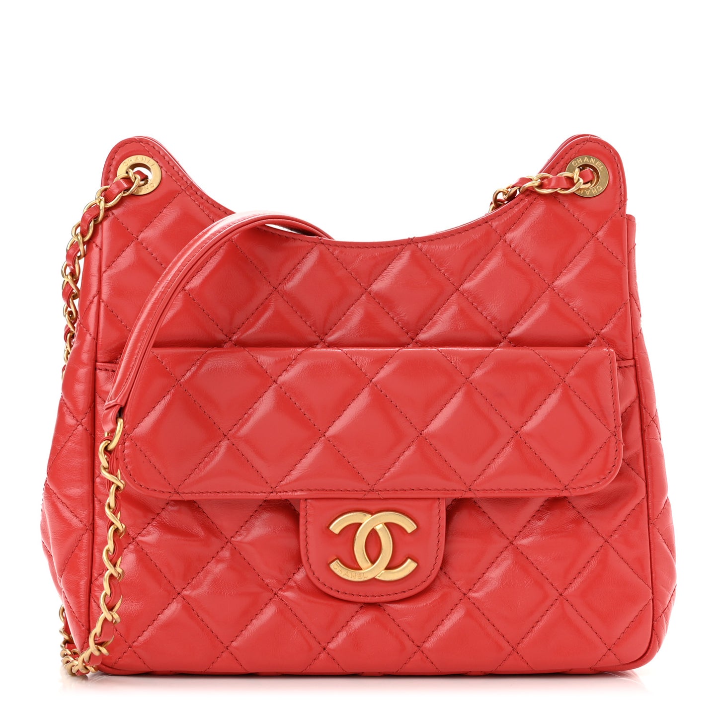 Shiny Crumpled Calfskin Quilted Wavy CC Hobo Red