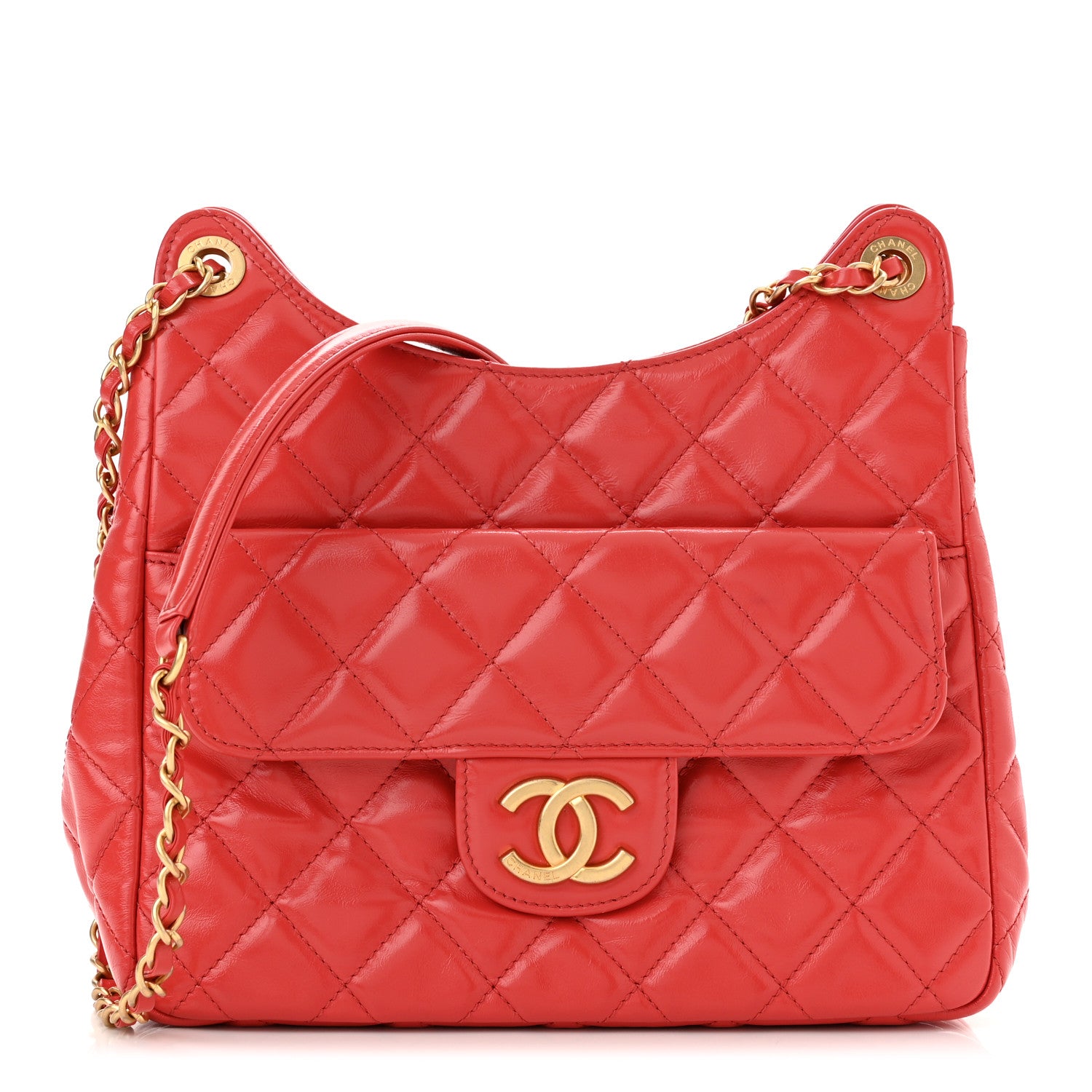 Chanel Shiny Crumpled Calfskin Quilted Wavy CC Hobo Red 1 of 10