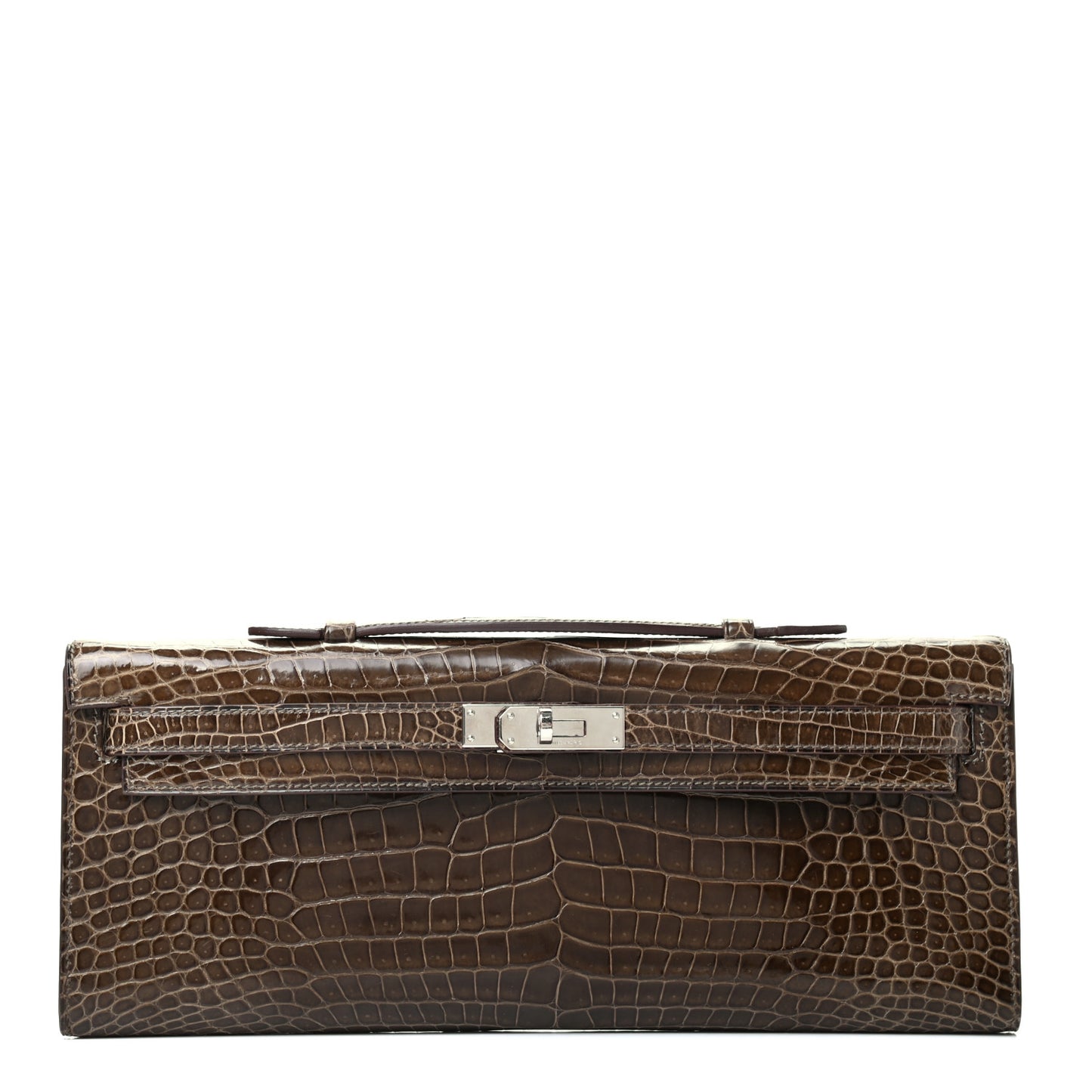 Shiny Porosus Crocodile Kelly Cut Pochette Gris Elephant