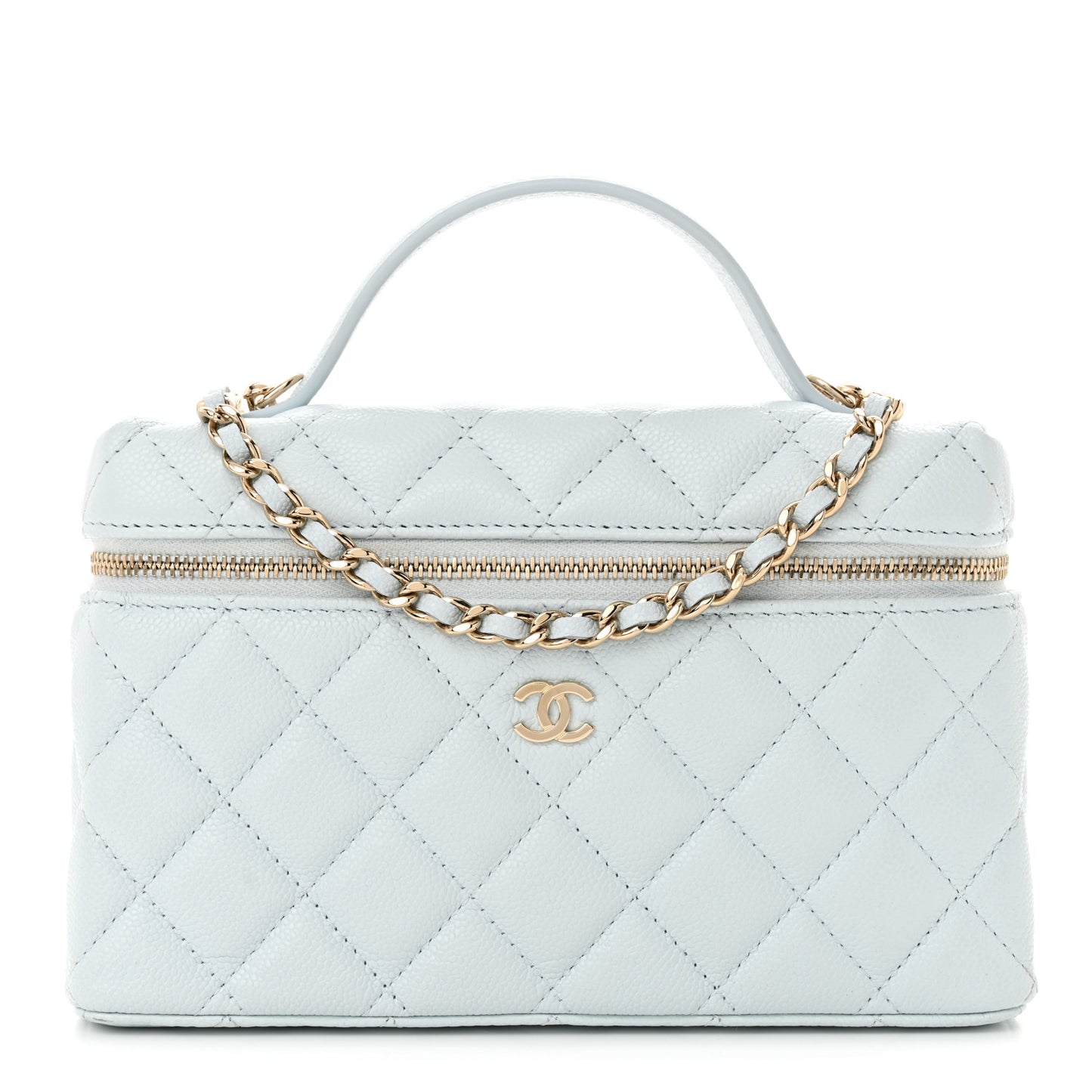 Caviar Quilted Top Handle Slim Vanity With Chain Light Blue