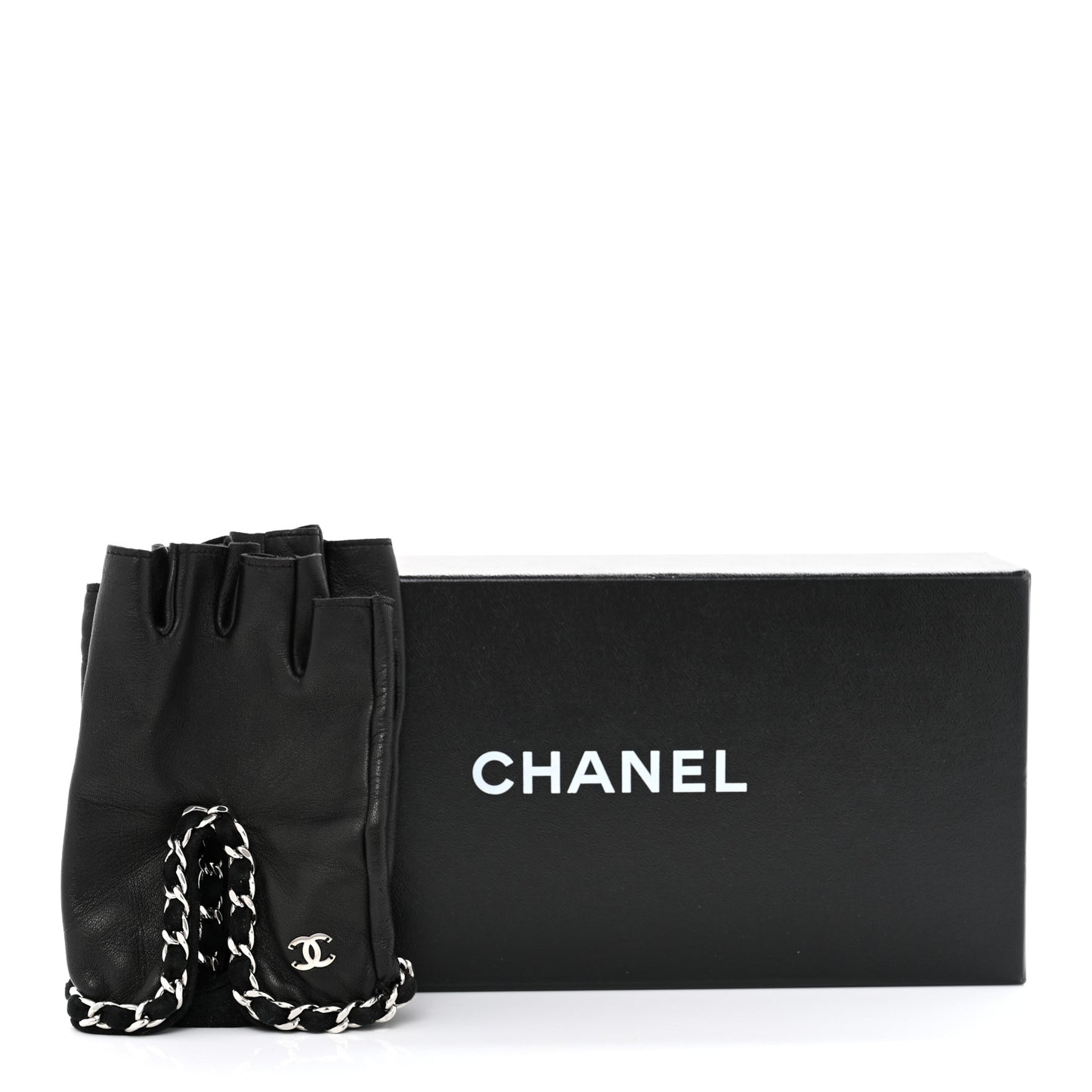 Lambskin Perforated Fingerless Chain CC Gloves 7.5 Black
