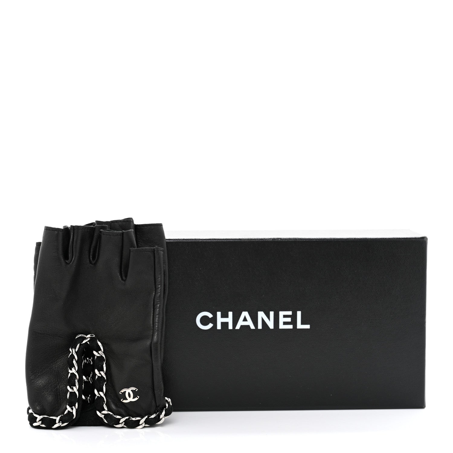 Chanel Lambskin Perforated Fingerless Chain CC Gloves 7.5 Black 6 of 6