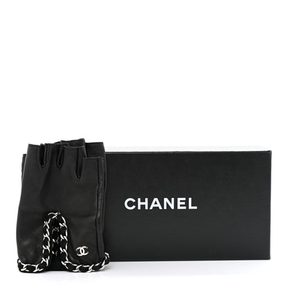 Chanel Lambskin Perforated Fingerless Chain CC Gloves 7.5 Black 6 of 6