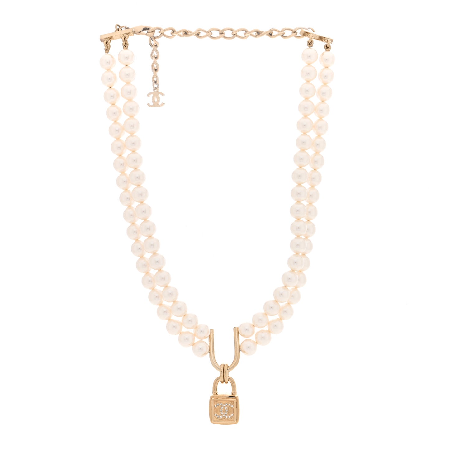 Pearl Crystal CC Lock Choker Necklace Gold Pearly White