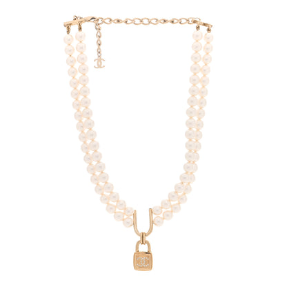 Chanel Pearl Crystal CC Lock Choker Necklace Gold Pearly White 2 of 5