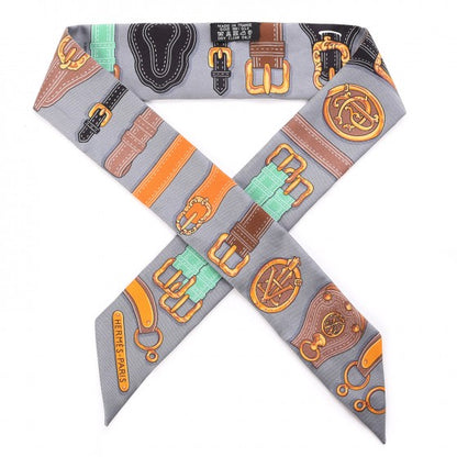 Hermes Silk Harnais Des Presidents Twilly Gris Orange Vert 1 of 4