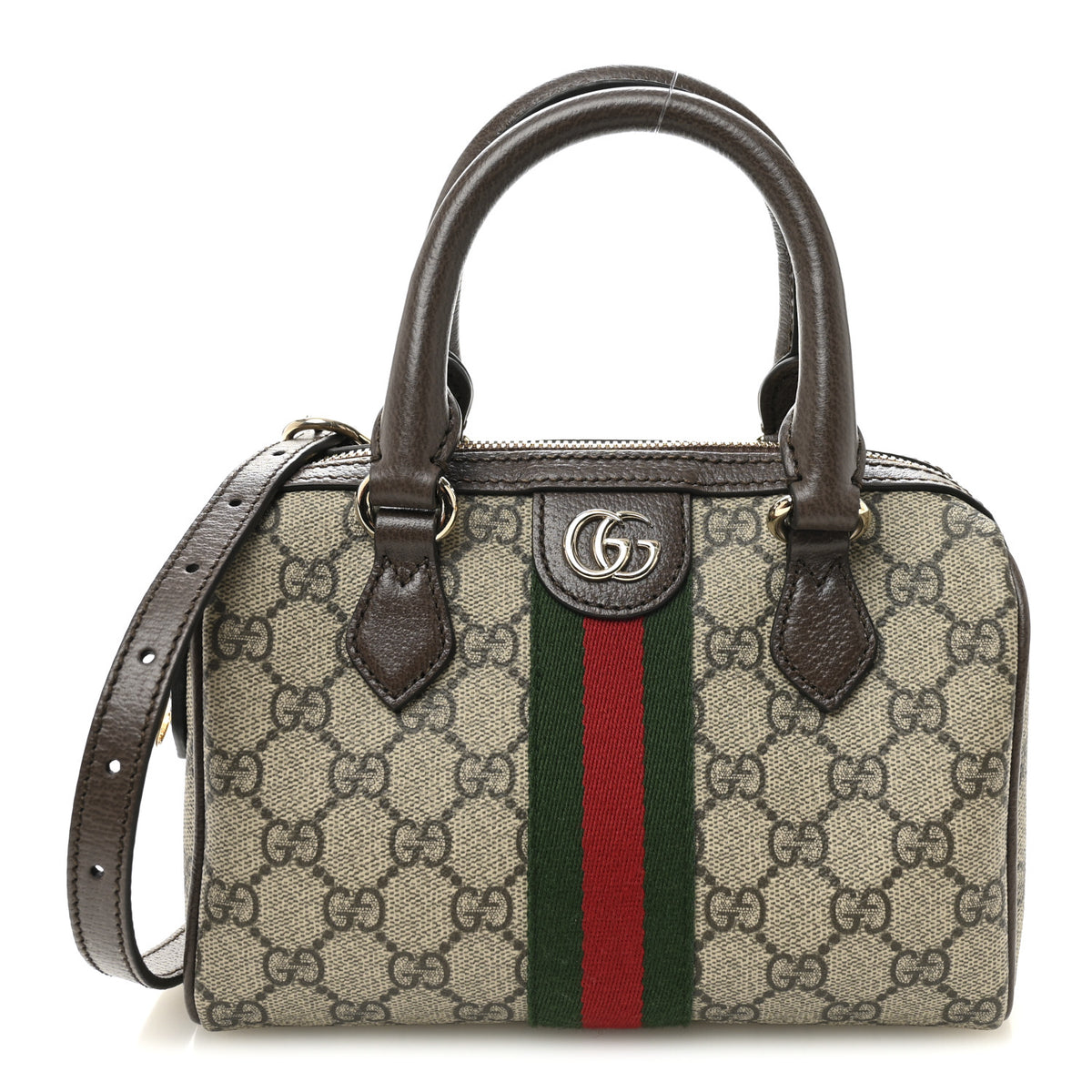 Gucci GG Supreme Monogram Textured Dollar Calfskin Web Mini Ophidia Top Handle Bag Beige Ebony New Acero 1 of 10
