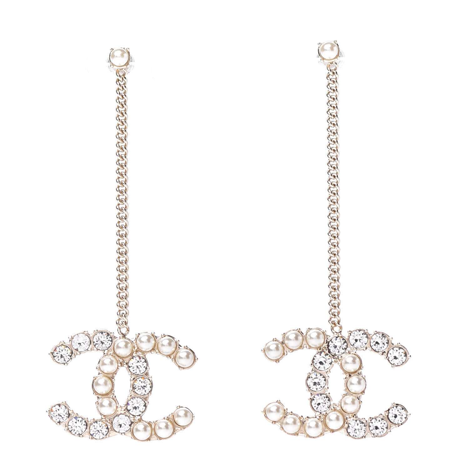 Chanel Crystal Pearl Dazzling Domino Drop Earrings Matte Gold 1 of 5