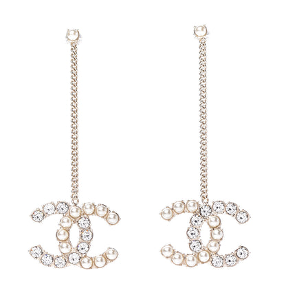 Chanel Crystal Pearl Dazzling Domino Drop Earrings Matte Gold 1 of 5