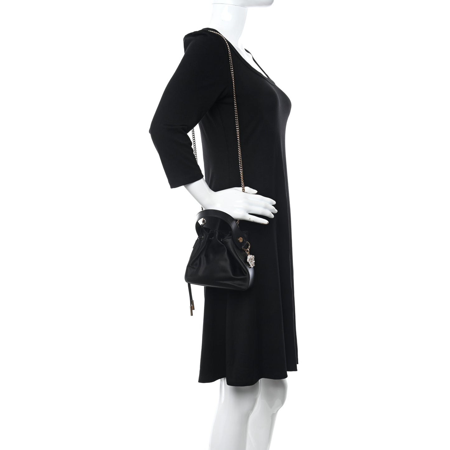 Satin Medusa Drawstring Bucket Bag Black
