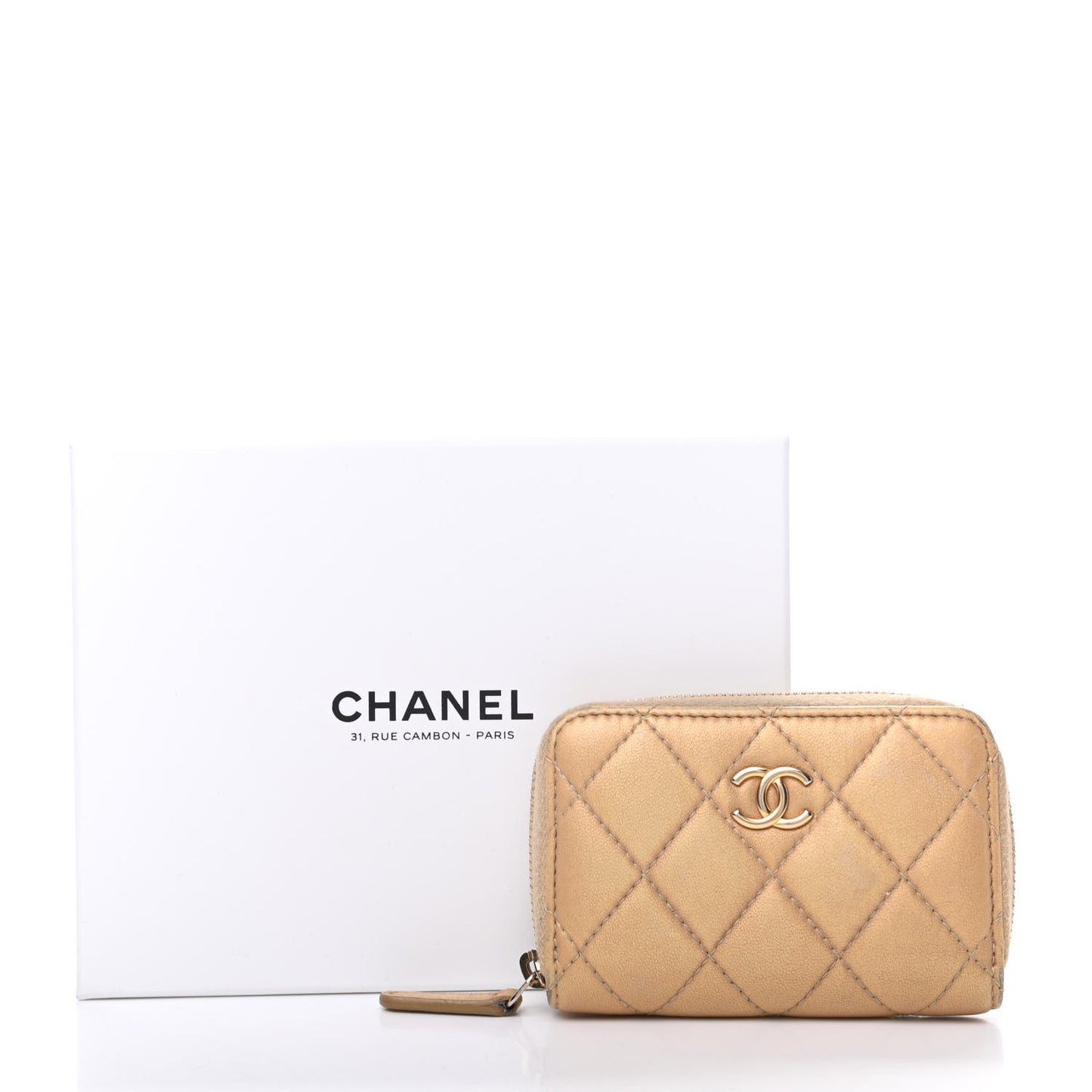 Metallic Lambskin Quilted Graffiti Zip Around Coin Purse Wallet Beige
