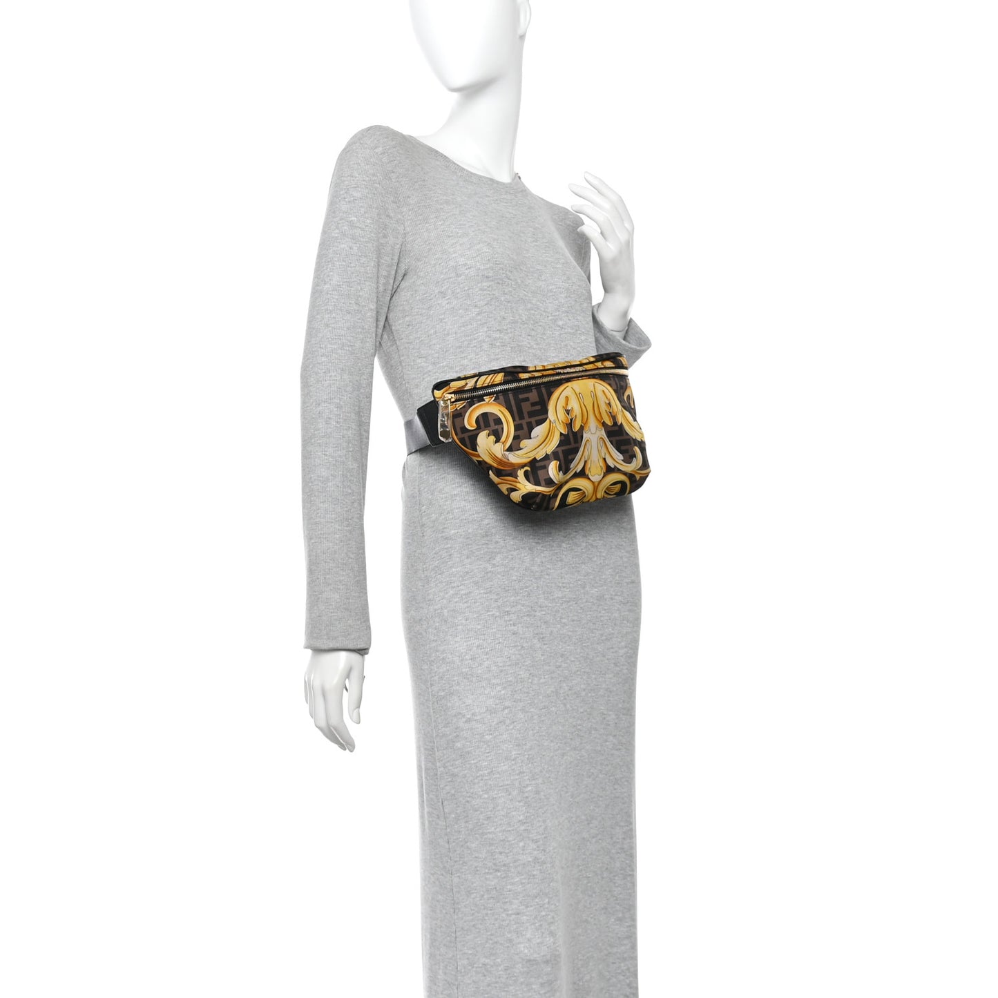 X VERSACE Nylon Cuoio Romano Fendace FF Baroque Belt Bag Black Gold
