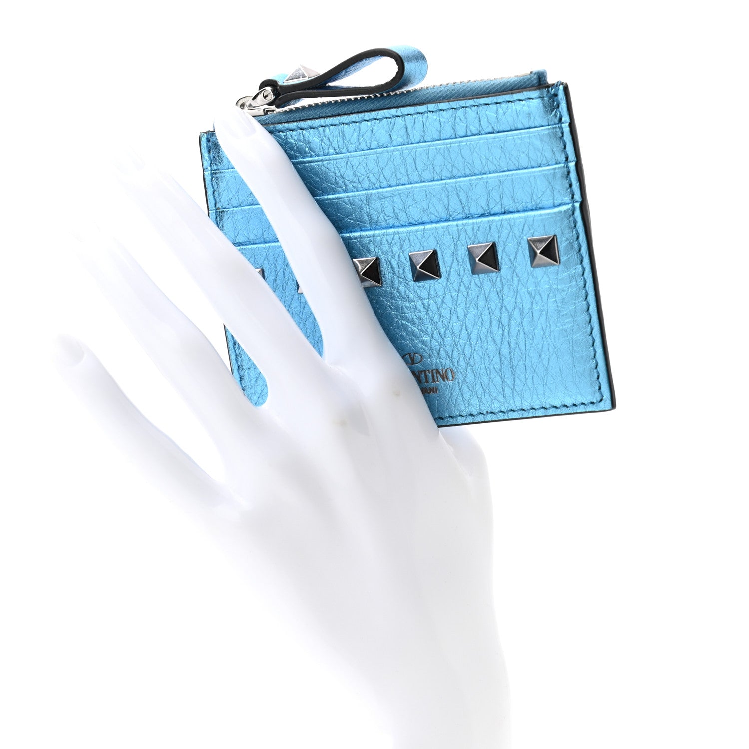 Valentino Garavani Metallic Pebbled Calfskin Rockstud Coin Case Card Holder Cerulean 2 of 6