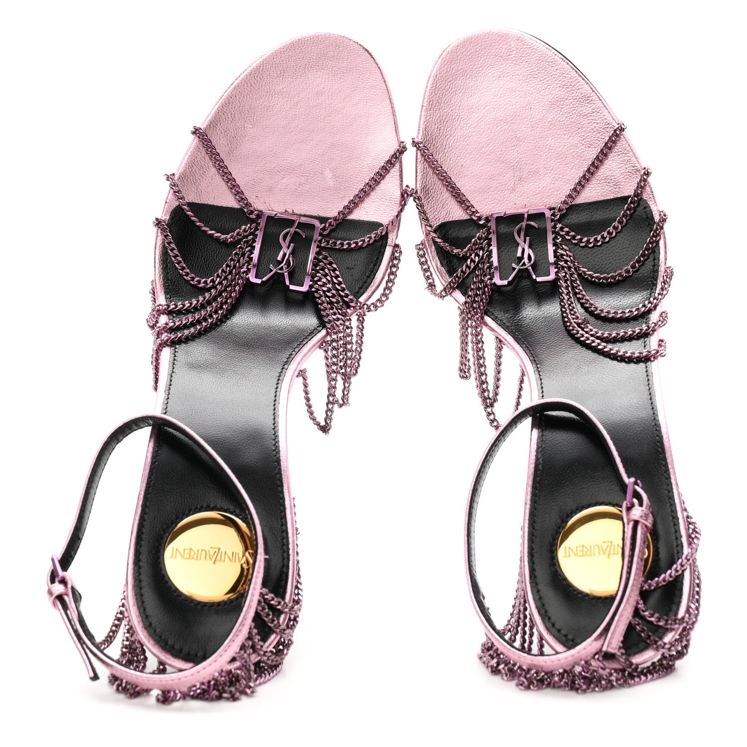 Saint Laurent Metallic Lambskin Chain Babylone 90 Ankle Strap Sandals 38 Bubblegum 2 of 9