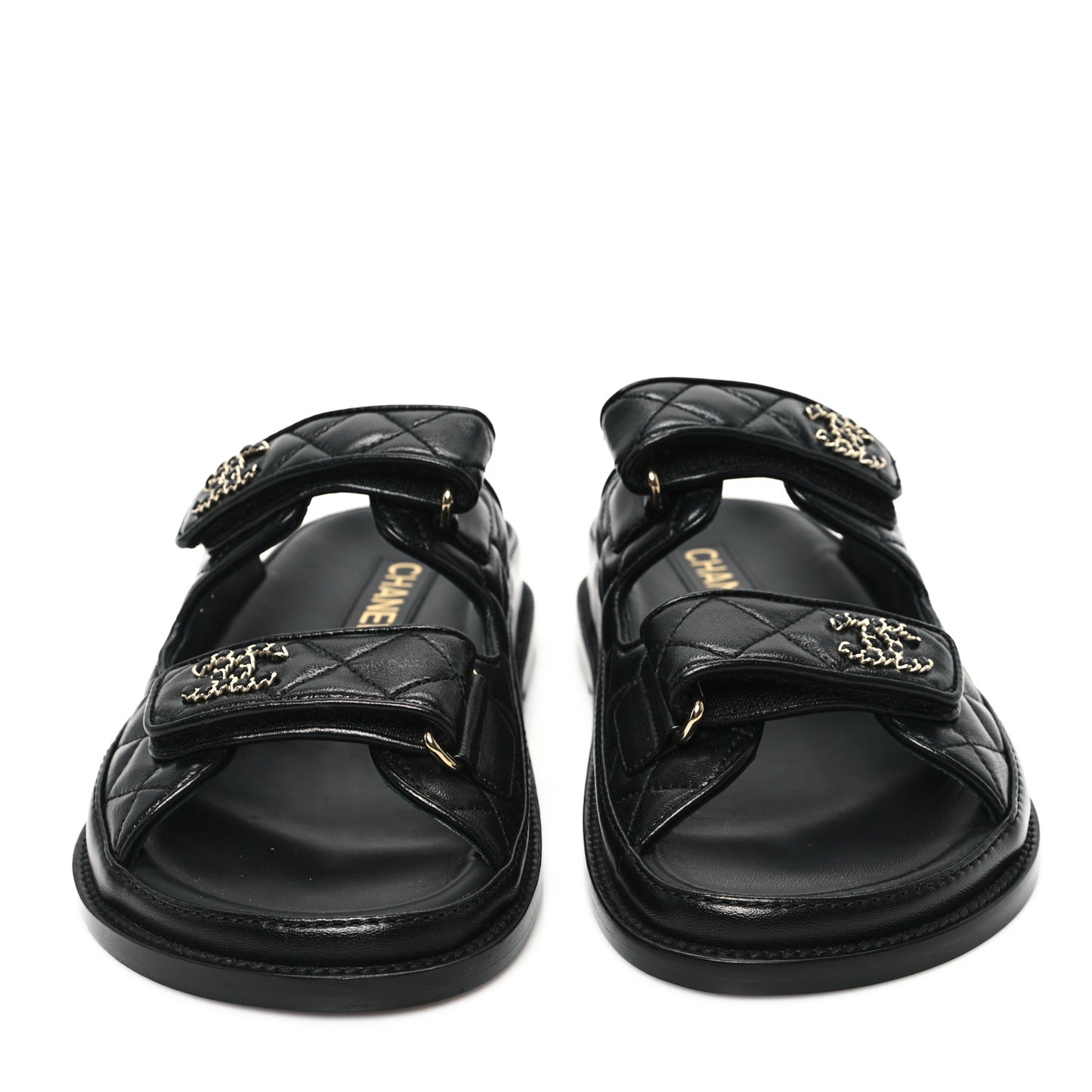 Lambskin Quilted Velcro Dad Chain CC Slide Sandals 37 Black