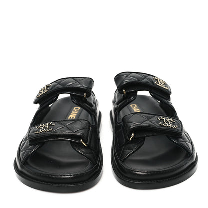 Chanel Lambskin Quilted Velcro Dad Chain CC Slide Sandals 37 Black 3 of 10