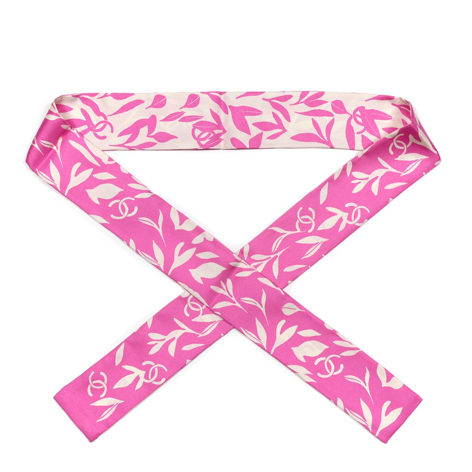 Chanel Silk Leaf CC Slim Bandeau Scarf Pink White 1 of 7