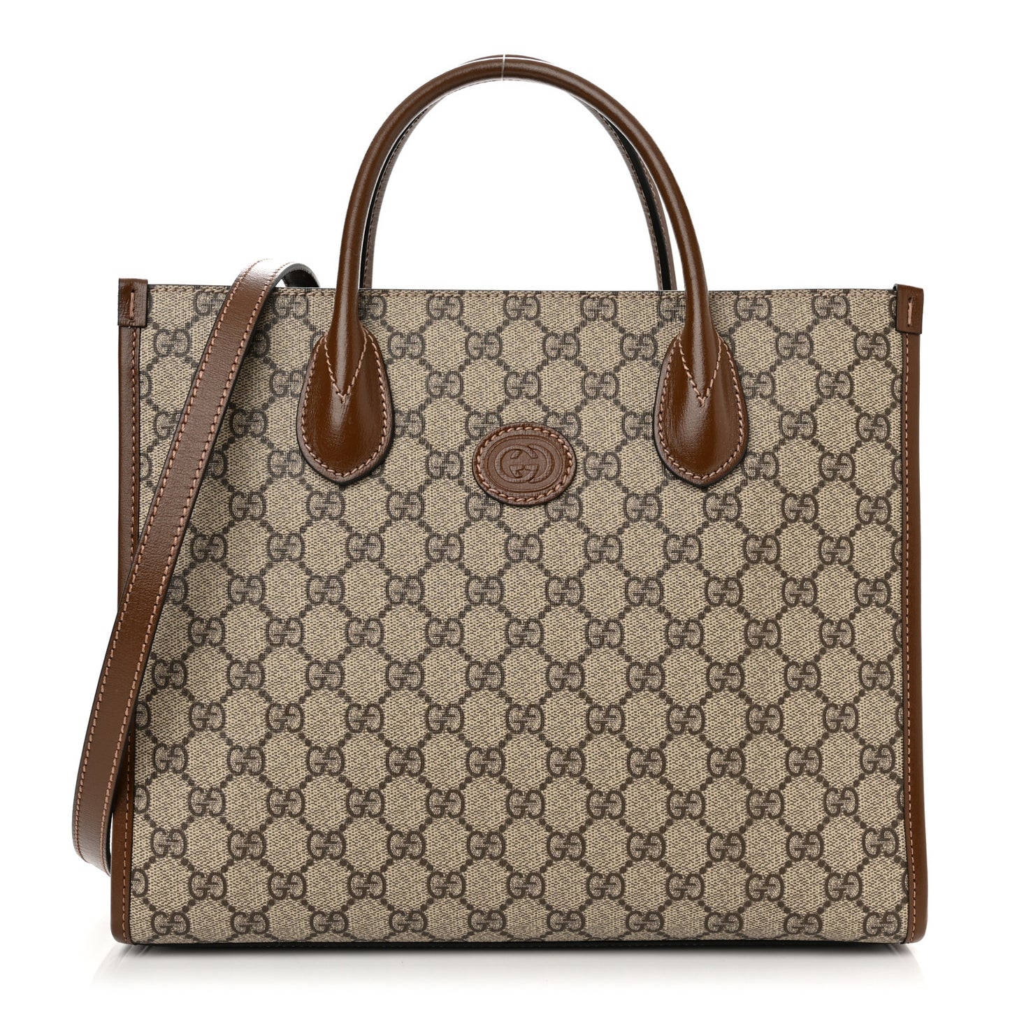 GG Supreme Monogram Azalea Calfskin Small Retro Interlocking G Tote Bag Beige Ebony Brown Sugar